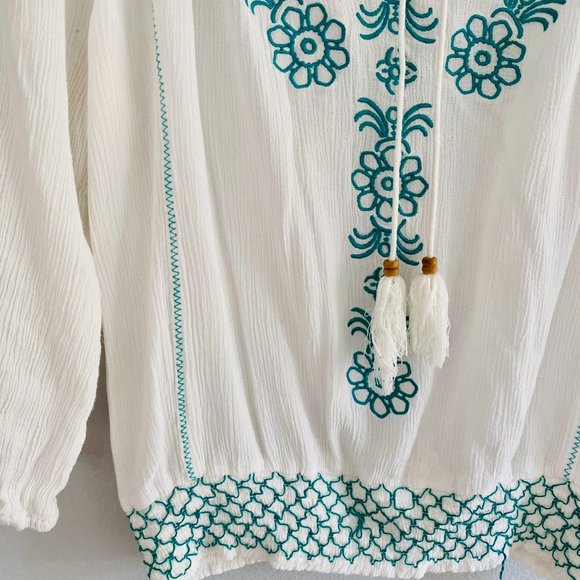 💜American Rag- White Teal Embroidered BOHO Top XL - Picture 5 of 12
